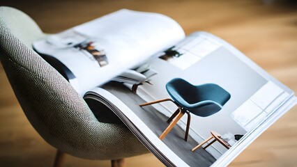 Modern magazine displays a sleek blue chair with wooden legs in a minimalist interior design setting showcasing stylish home decor inspiration.