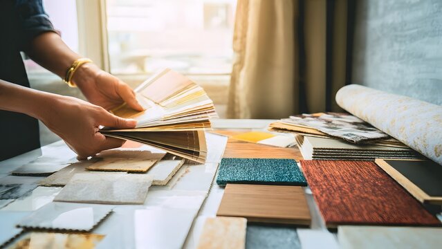 Interior design professional examines paint swatches and material texture boards for renovation decoration projects in bright workspace.