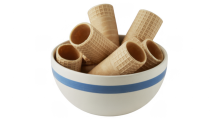 Bowl of ice cream cones white bowl blue stripe dessert isolated on a transparent background