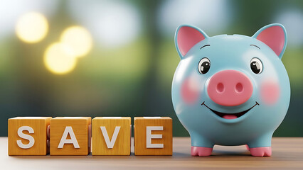 A smiling piggy bank next to blocks with the word save