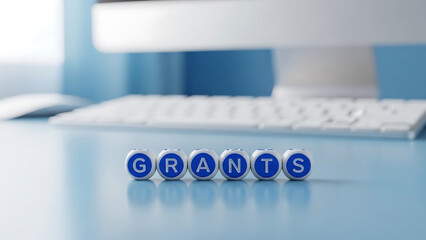 Blue beads spelling out grants on a blue desk with a computer