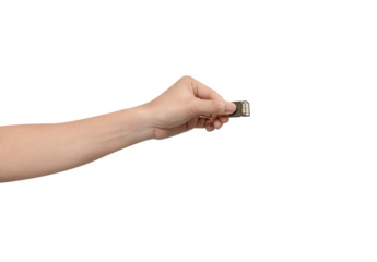 Close up hand holding a black SD memory card showing gold contact pins isolated on white background. Concept for data storage technology, photography, and digital media.