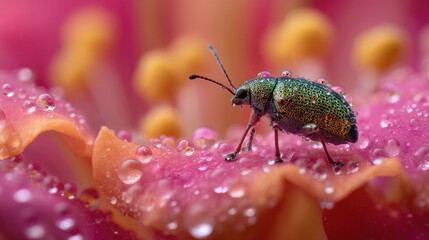 Close-Up Image of Colorful Beetle on Petal with Water Droplets, Capturing Nature's Beauty and Intricate Details of Insect Life in Vibrant Garden Setting