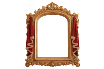 Gold frame with red curtains ornate empty frame isolated on a transparent background