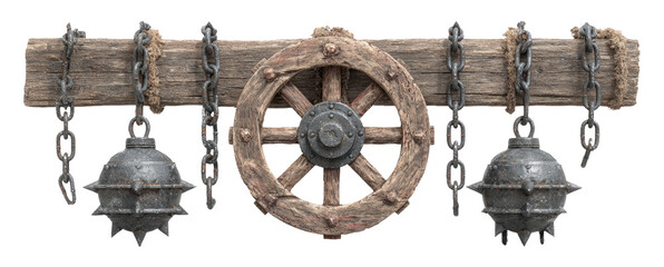 Fototapeta premium Realistic Concept of Castle Defense Equipment Including Spiked Spheres and Wooden Wheel