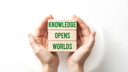 Hands holding blocks with knowledge opens worlds text on white