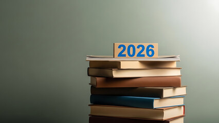 Stack of books with 2026 block on top for education or learning concept