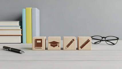 Wooden blocks with school supplies on desk isolated on white background