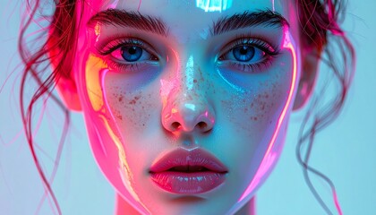 Close-up Portrait of a Young Woman with Freckles Illuminated by Pink and Blue Neon Light