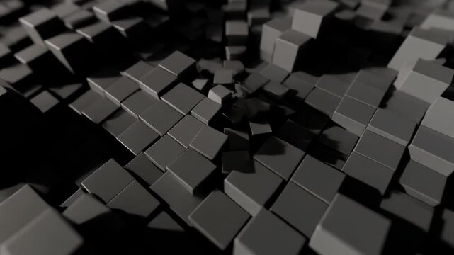 Cinematic floating cubes forming and breaking geometric patterns with soft shadow play, 4K loop.