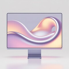 Modern computer monitor displaying abstract wave design on screen