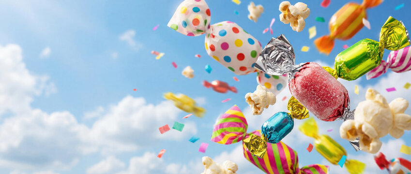 Flying colorful wrapped candies, popcorn and confetti falling from blue sky with clouds. Sweet food explosion concept for carnival parade, birthday party or holiday celebration background.