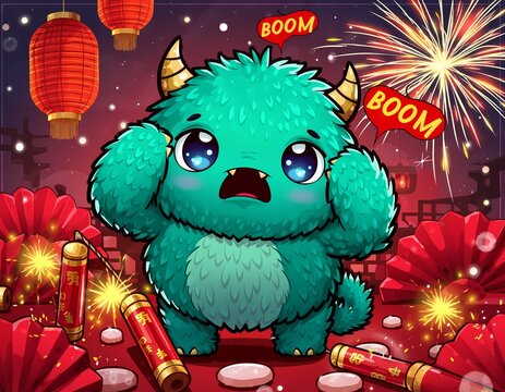 Cute Chibi Nian Monster Scared of Firecrackers on Chinese New Year