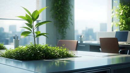 A small potted plant on a modern office desk with a city view in the background