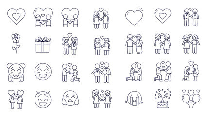 Detailed Romantic Love Relationship Couple Outline Icons Set Proposal Marriage Engagement