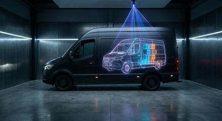 High-tech vehicle diagnostic scan of a black van in a laboratory with blue laser 3D wireframe projection for automotive engineering, maintenance and digital modeling.