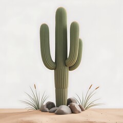 saguaro cactus in desert landscape with rocks and grass
