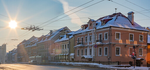 A frosty morning in Minsk covered with snow.