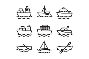 Set of Various Boat and Ship Line Icons