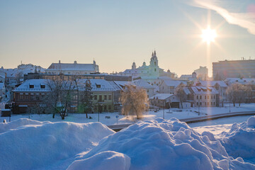 A frosty morning in Minsk covered with snow.