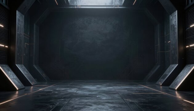 Futuristic action scene sci-fi environment high-tech setting dark lighting 3d rendered visuals immersive perspective