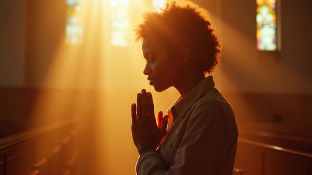 Silhouette of young african woman in prayer with hands clasped and head bowed, illuminated by dramatic golden sunlight rays through stained glass in church