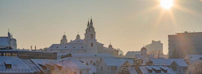A frosty morning in Minsk covered with snow.