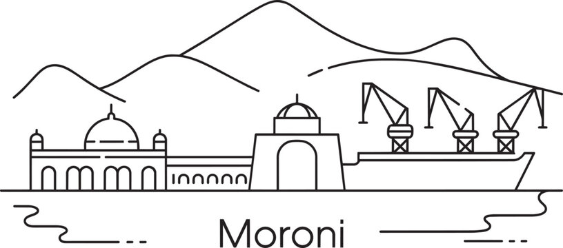 Moroni comoros city skyline linear design with grand mosque and port cranes vector illustration