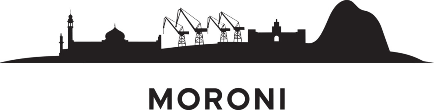 Moroni comoros city silhouette panorama skyline with text, urban landscape vector illustration