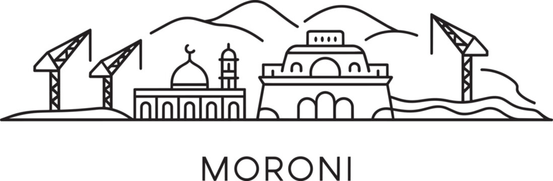 Moroni comoros skyline line art icon featuring harbor cranes and grand mosque mountain scenery
