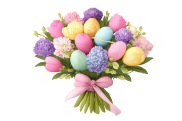 Pastel easter egg and spring flower bouquet with ribbon