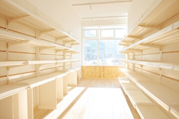 Bright and Minimalist Storefront Interior with Empty Shelves Awaiting Restock