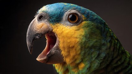 A parrot laughing with open beak, expressive face, bright tropical colors, studio lighting, high detail
