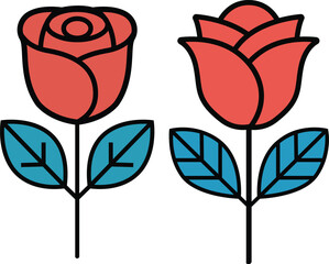 Flat Vector Rose Flowers with Leaves.