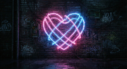 Futuristic cyberpunk neon heart glowing in pink and blue on a dark brick wall. Gritty urban scene with tangled wires, circuit boards, and graffiti for high-tech romance and synthwave themes.