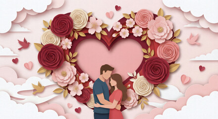 Romantic 3D paper-cut illustration of a couple embracing inside a large floral heart frame. Features paper roses, clouds, and birds in soft pink and red tones for Valentine's Day designs.
