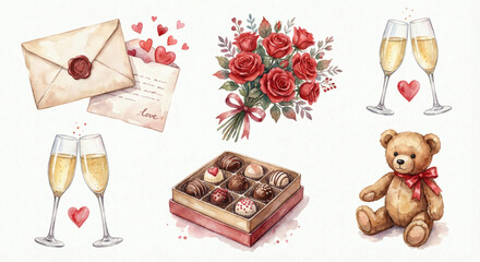 Watercolor Valentine's Day clip art set featuring a red rose bouquet, chocolate box, teddy bear, champagne glasses, and love letters. Isolated romantic elements on white textured paper.