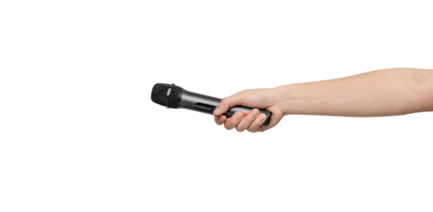 Close up hand holding a black wireless microphone isolated on white background. Concept for news reporting, interview, public speaking, broadcasting, and karaoke singing.