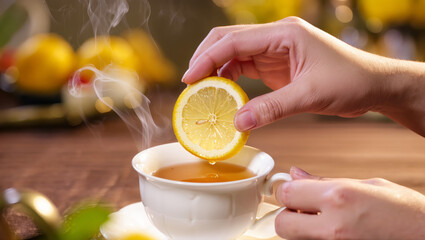 Hot tea in a white cup with lemon slice being added by hand. Steaming beverage on wooden table. Cozy and refreshing citrus drink.