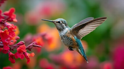 Fototapeta premium A tiny hummingbird hovering near a red flower, wings frozen in motion, macro photography, vibrant colors, soft background bokeh 