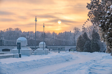 A frosty morning in Minsk covered with snow.