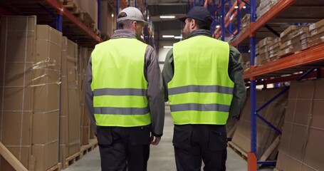 Warehouse workers walking aisle between shelves. Boxes on pallets line tall racks in a clean storage. Safety vests signal procedure and logistics. Teamwork enables reliable warehouse delivery. - Powered by Adobe