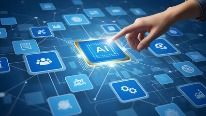 Digital innovation of artificial intelligence, hand touching AI processor icon amidst network of technology icons