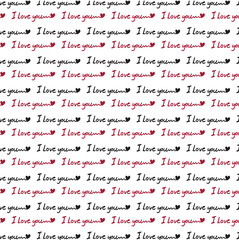 Fototapeta premium Text I love you, hand written words. Seamless pattern, sketch, doodle, lettering, hearts, happy valentines day. Vector illustration background