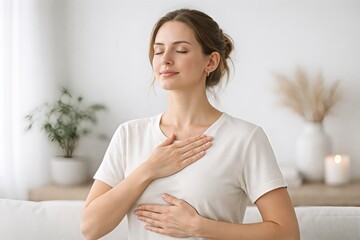 Woman practicing mindfulness and self compassion in a serene indoor environment, embodying tranquility and connectedness to enhance emotional well being and mental clarity