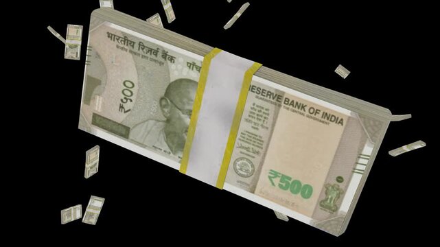 Indian 500 rupee note bundles descend from above, featuring a prominent front bundle against a dark background.