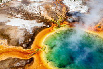 Aerial view of a geothermal hot spring with vibrant mineral deposits and steam emissions