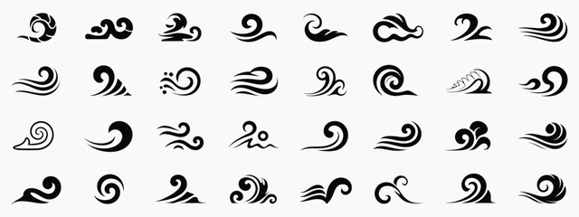 Naklejka premium Wave shapes collection, black sea wave logo set, water wave icons collection, clean vector illustrations ideal for marine branding, ocean-related graphics, and beach or water design projects.