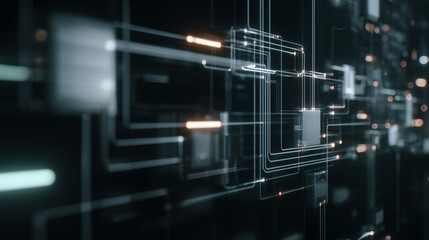 Futuristic IT and technology infrastructure with neon lights and sleek design elements in a modern digital landscape viewed from a dynamic perspective