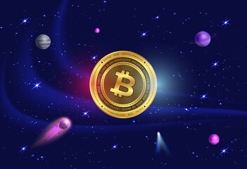 Fototapeta premium Bitcoin-BTC cryptocurrency logos drawings on digital background.